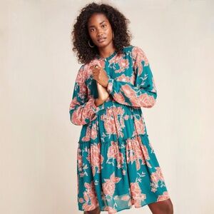 Maeve {Anthro} Vibrant Blue + Coral Orange Floral Tiered Tunic Dress | Medium